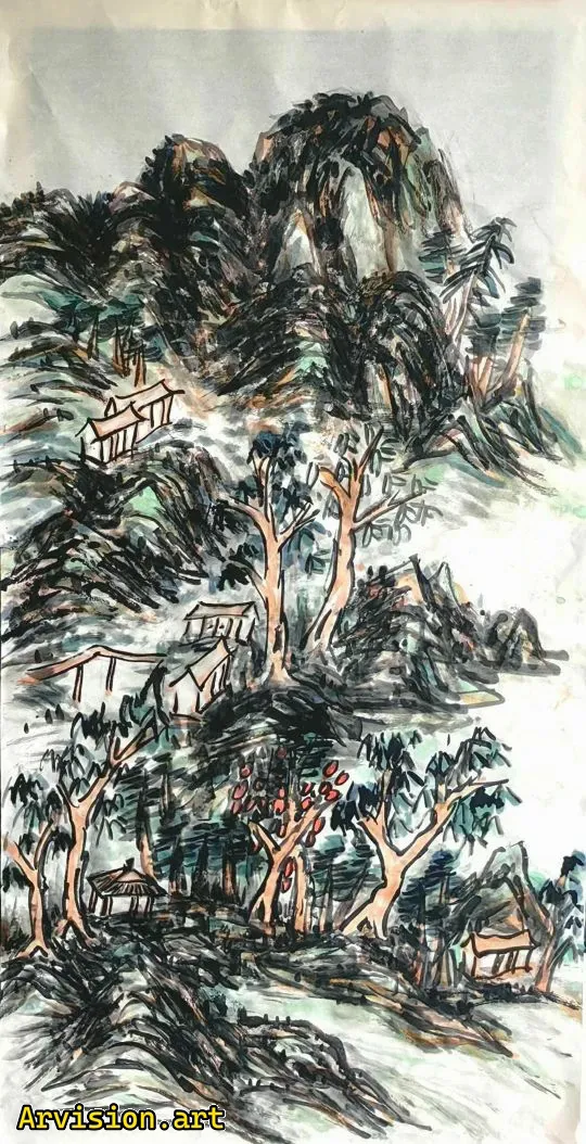 Китайская чернила живопись в лесу