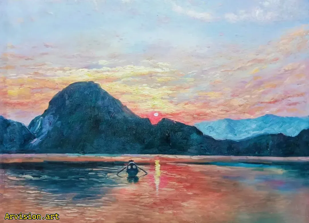 Ван Линь нарисовал одинокую лодку и закат